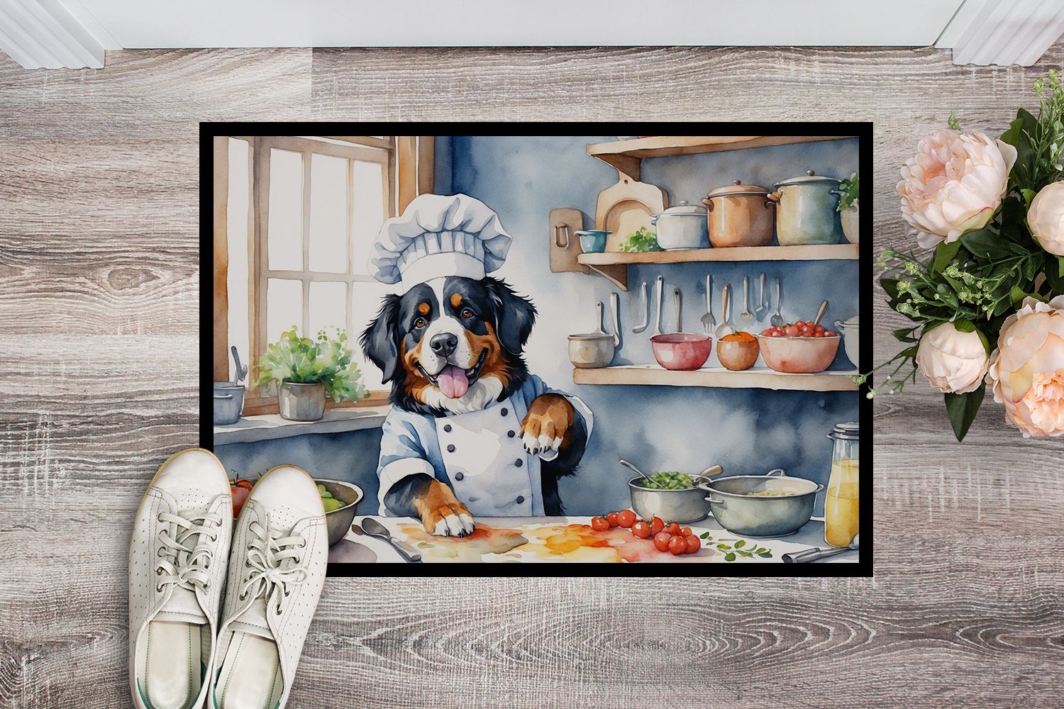 Bernese Mountain Dog The Chef Doormat Front Door Mat Indoor Outdoor Rugs for Entryway, Non Slip Washable Low Pile, 24H X 36W