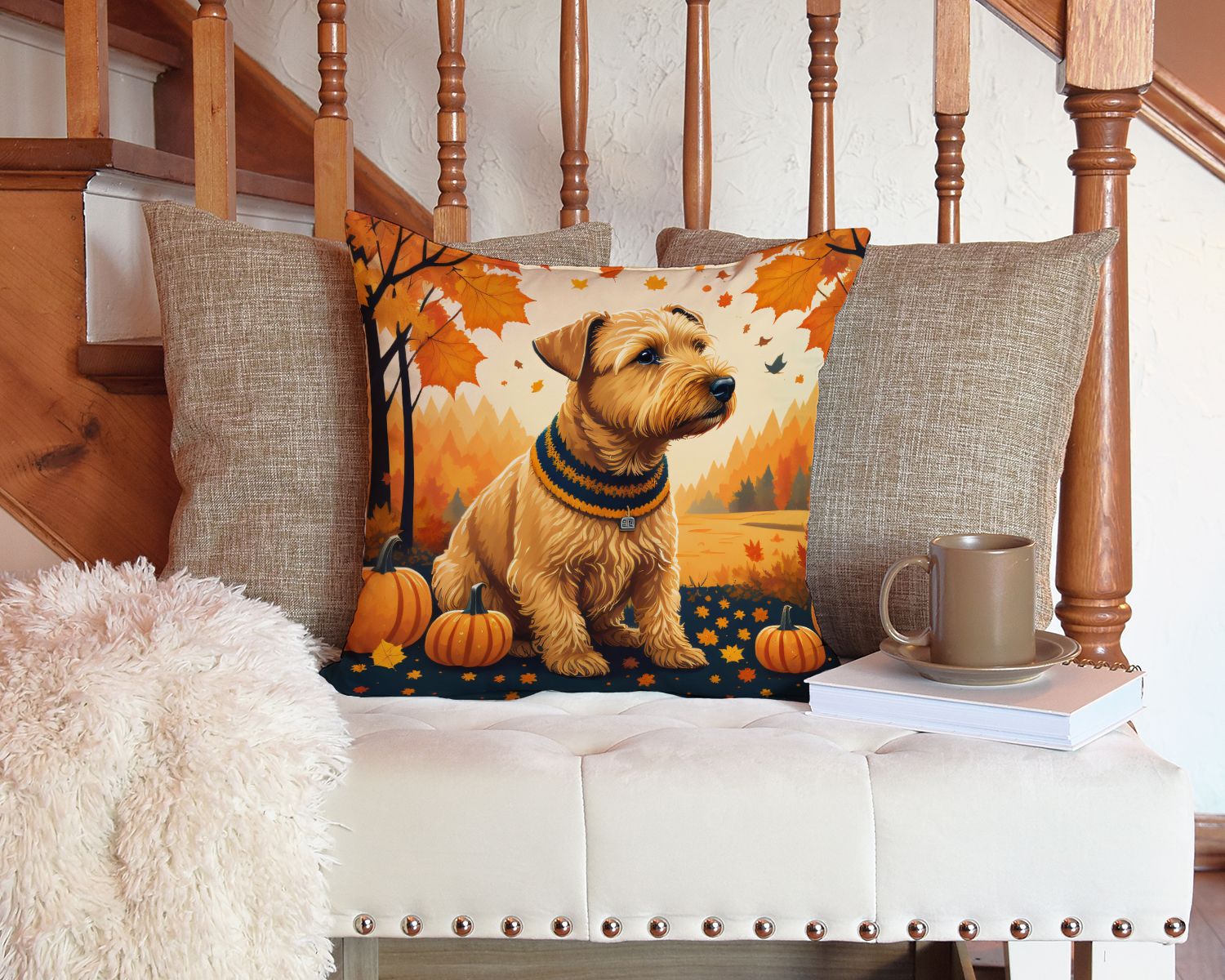 Lakeland Terrier Fall Throw Pillow Machine Washable, Indoor Outdoor Decorative Pillow for Couch, Bed or Patio, 14Hx14W