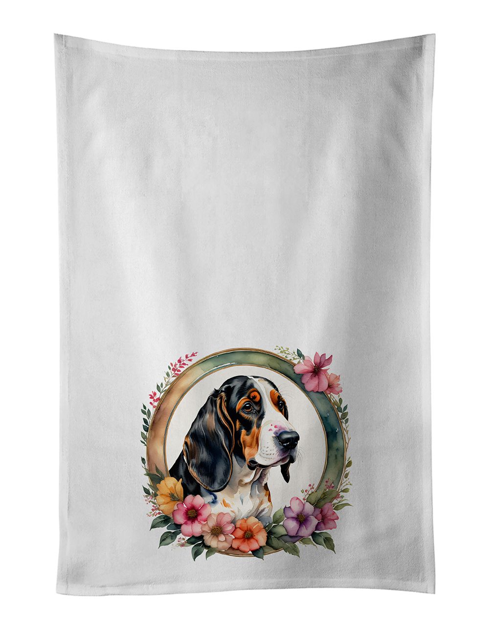 Basset Hound and Flowers Kitchen Towel Set of 2 White Dish Towels Decorative Bathroom Hand towel for Hand, Face, Hair, Yoga, Tea, Dishcloth, 19 X 28", White