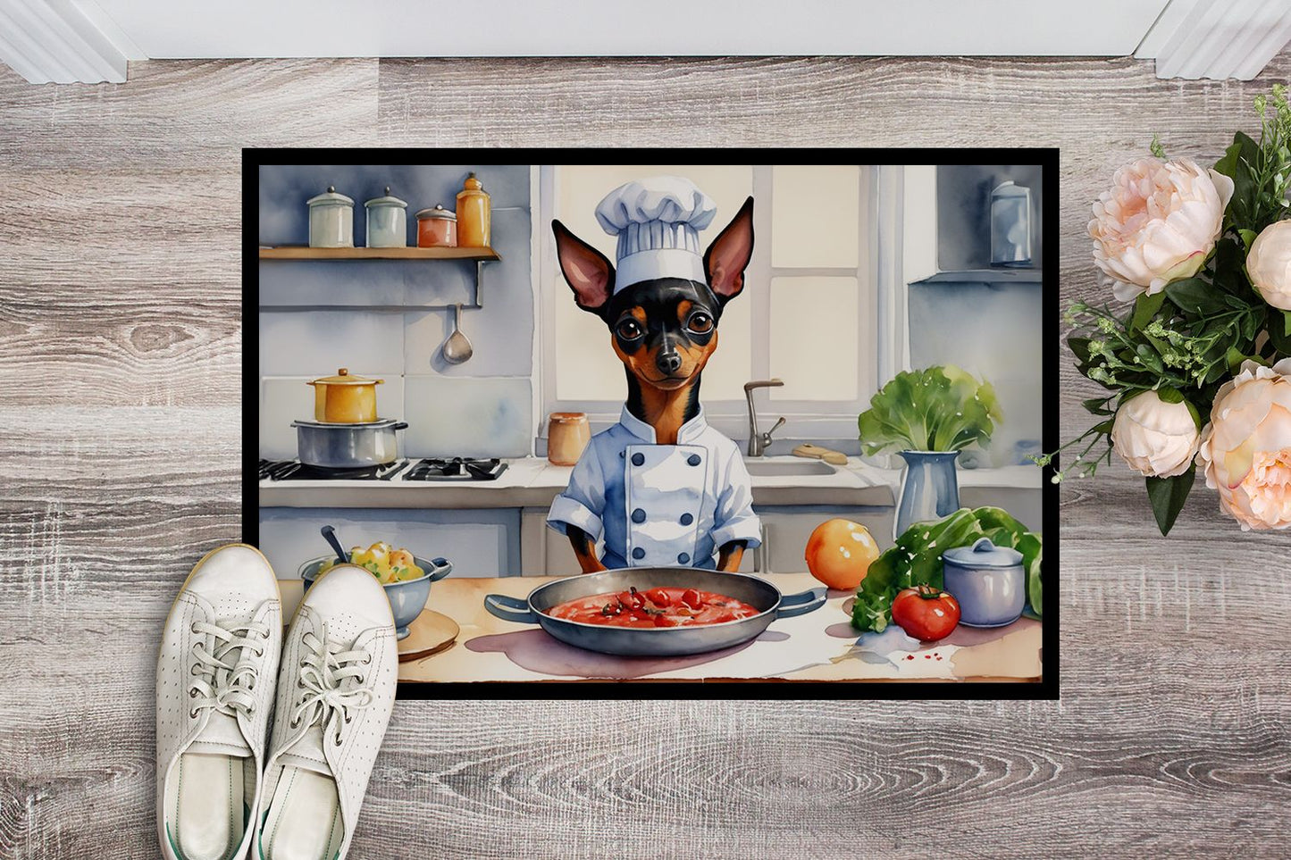 Miniature Pinscher The Chef Doormat Front Door Mat Indoor Outdoor Rugs for Entryway, Non Slip Washable Low Pile, 24H X 36W