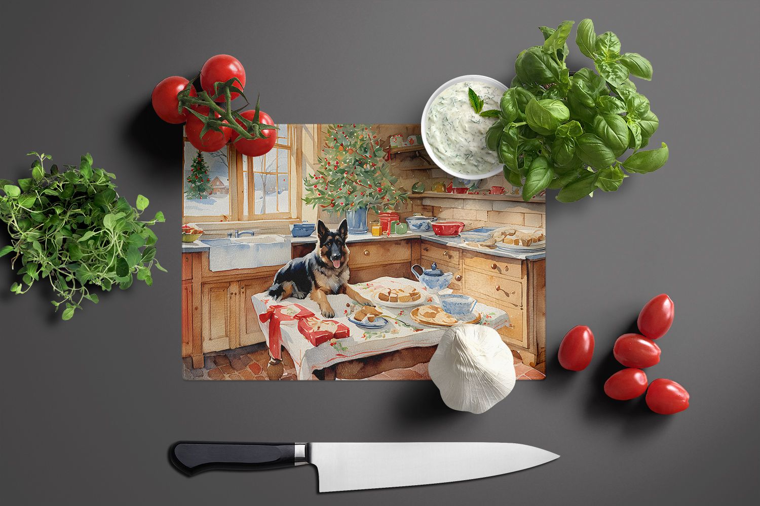 NEW German Shepherd Christmas Cookies Glass Cutting Board Decorative Tempered Glass Kitchen Cutting and Serving Board Large Size Chopping Board