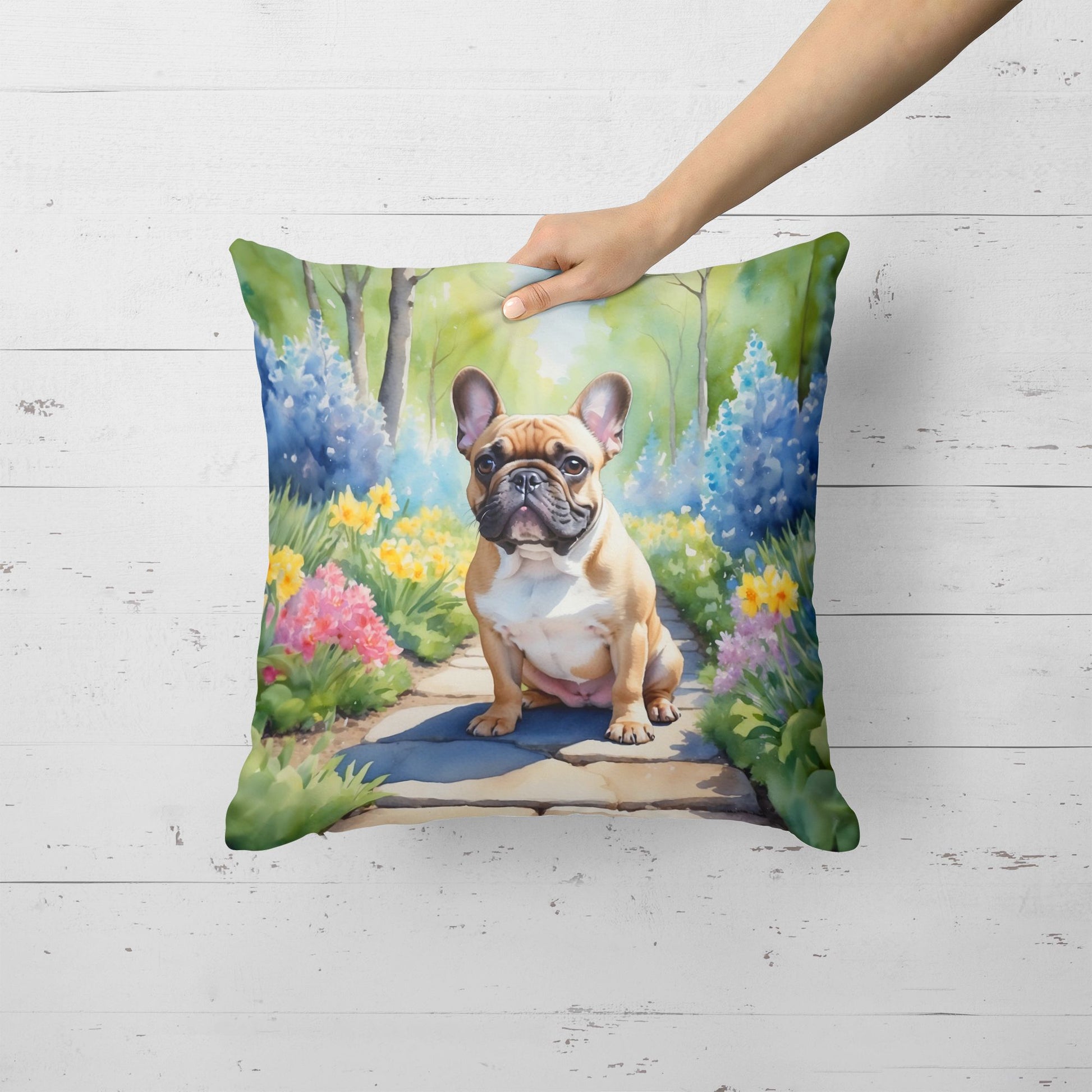 French Bulldog Spring Path Throw Pillow Machine Washable, Indoor Outdoor Decorative Pillow for Couch, Bed or Patio, 18Hx18W