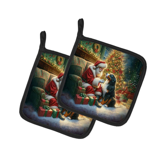 Bernese Mountain Dog and Santa Claus Pair of Pot Holders Kitchen Heat Resistant Pot Holders Sets Oven Hot Pads for Cooking Baking BBQ, 7 1/2 x 7 1/2