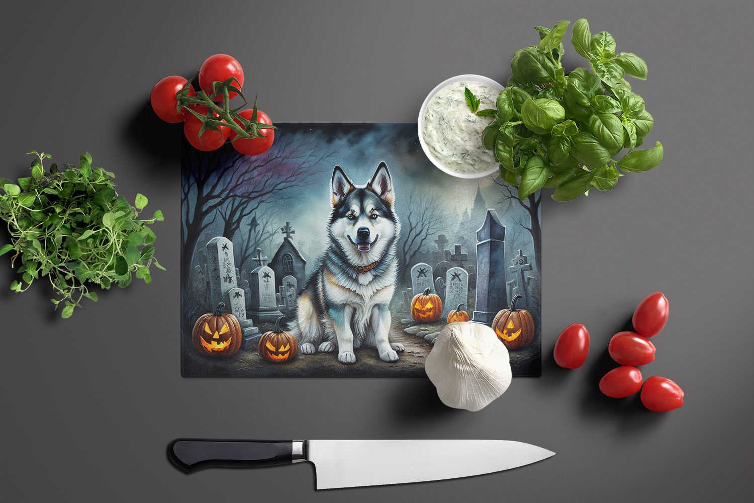 NEW Alaskan Malamute Spooky Halloween Glass Cutting Board Decorative Tempered Glass Kitchen Cutting and Serving Board Large Size Chopping Board