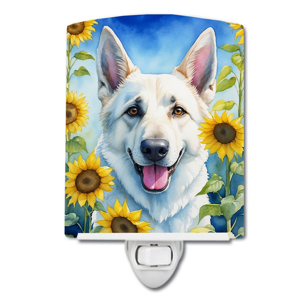NEW White German Shepherd in Sunflowers Ceramic Night Light Compact, UL-Certified, Ideal for Bedroom, Bathroom, Nursery, Hallway, Kitchen, 6x4x3, Multicolor