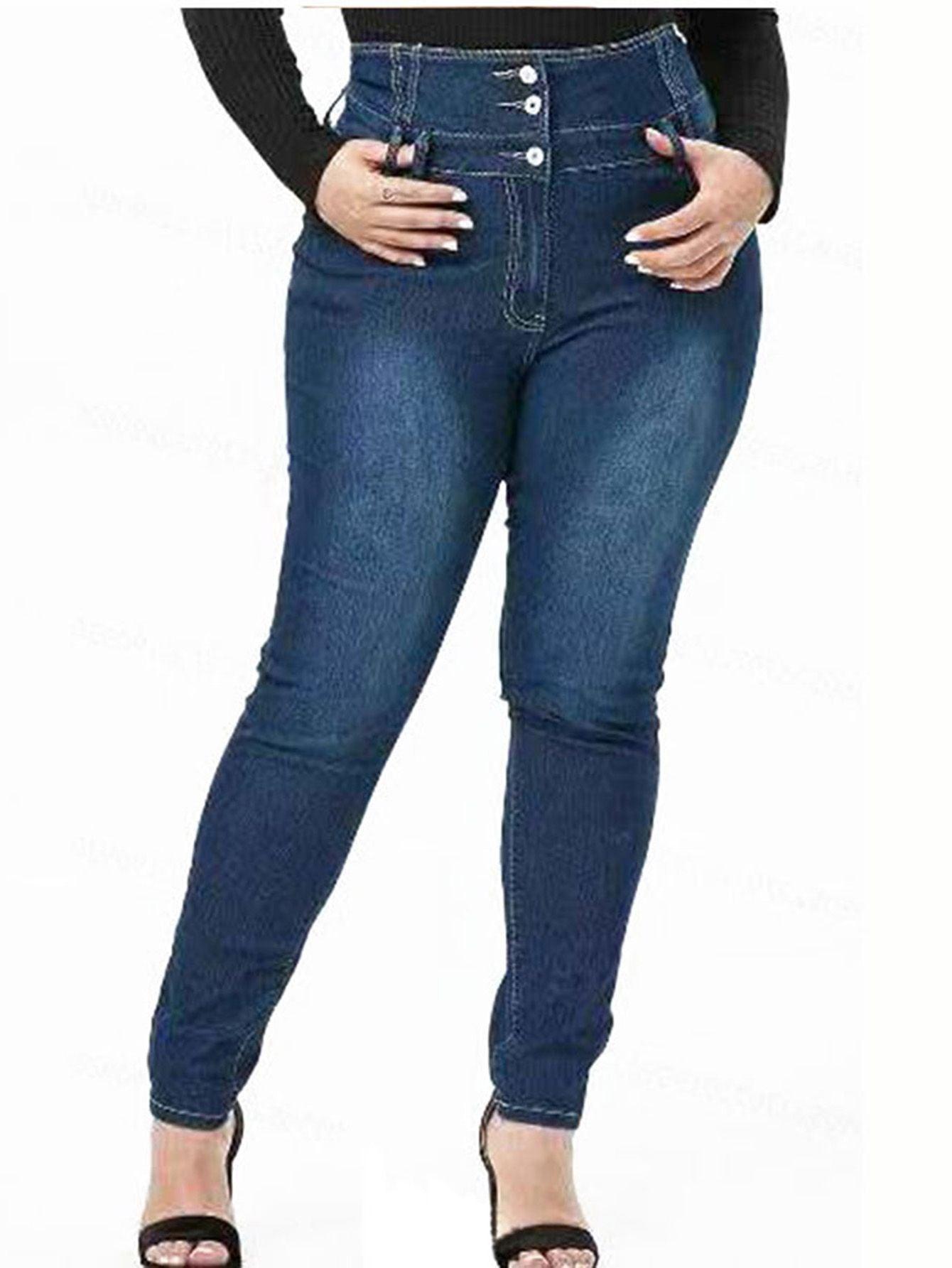 Plus Size High Rise Button Fly Skinny Jeans; Women's Plus Medium Stretch Skinny Pants