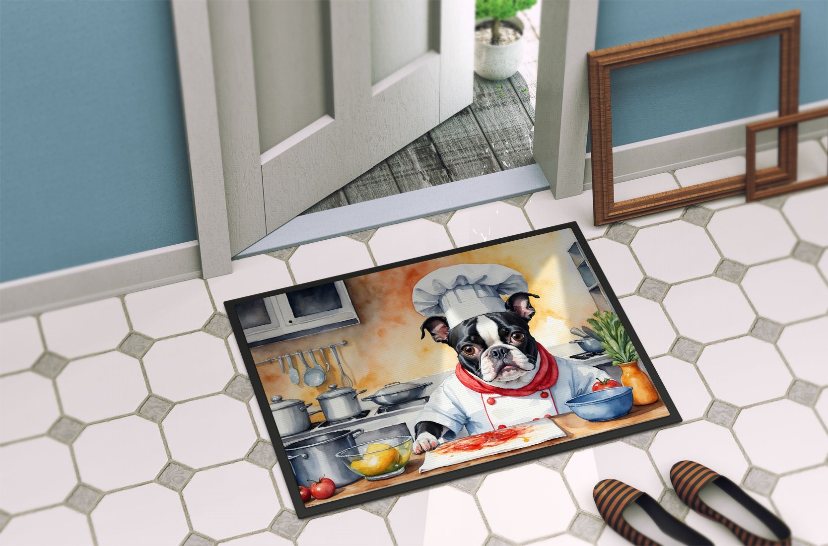 Boston Terrier The Chef Doormat Front Door Mat Indoor Outdoor Rugs for Entryway, Non Slip Washable Low Pile, 24H X 36W