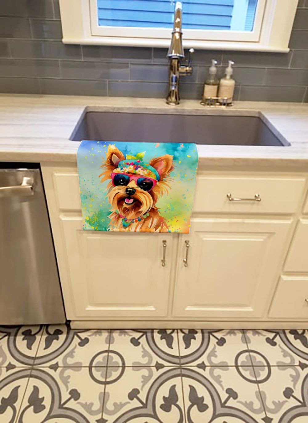 Yorkshire Terrier Hippie Dawg Kitchen Towel Dish Cloths Guest Hand Towel Decorative Bathroom Towel for Face,Tea, Dishcloth, Kitchen and Bath