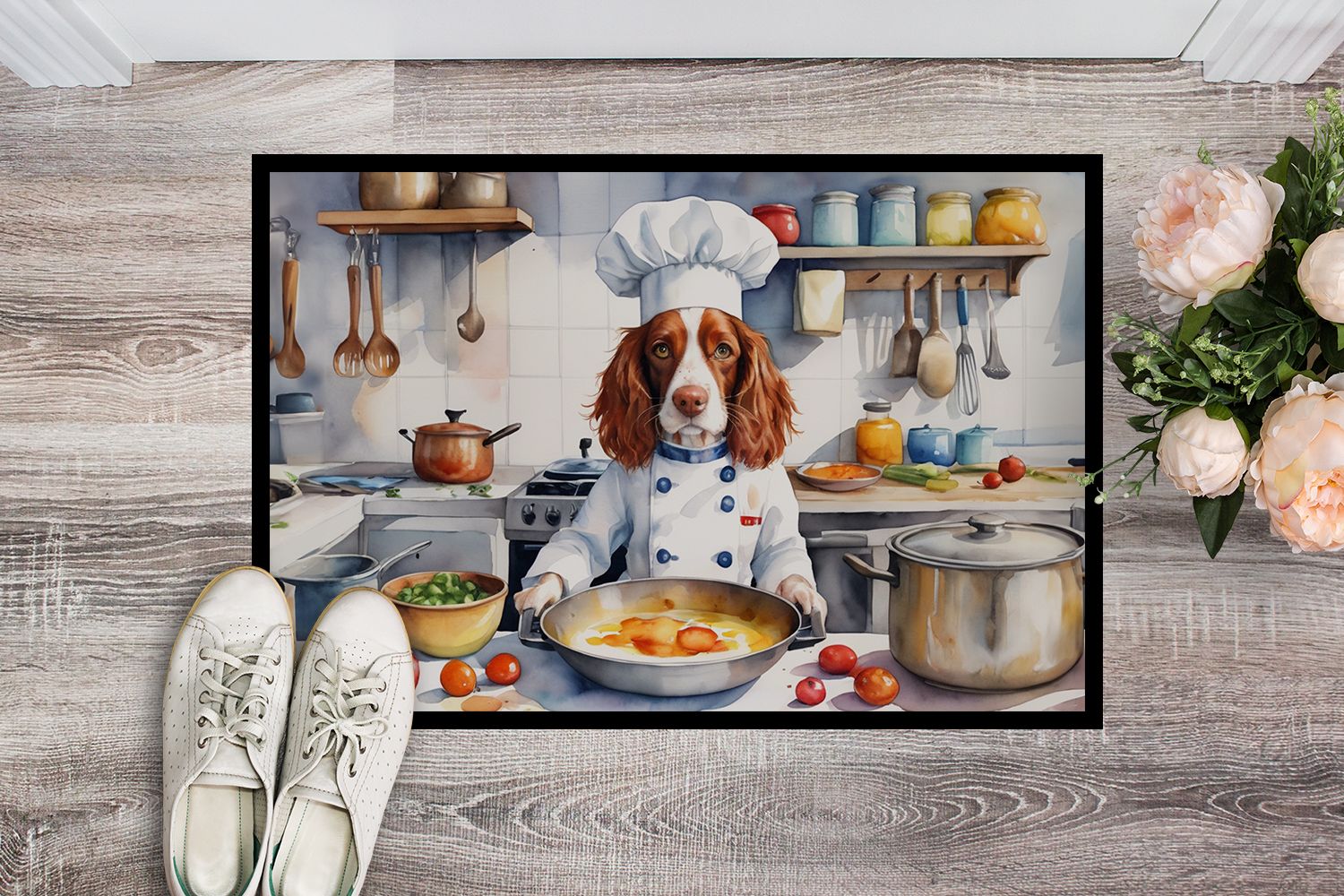 NEW Welsh Springer Spaniel The Chef Doormat Front Door Mat Indoor Outdoor Rugs for Entryway, Non Slip Washable Low Pile, 18H X 27W
