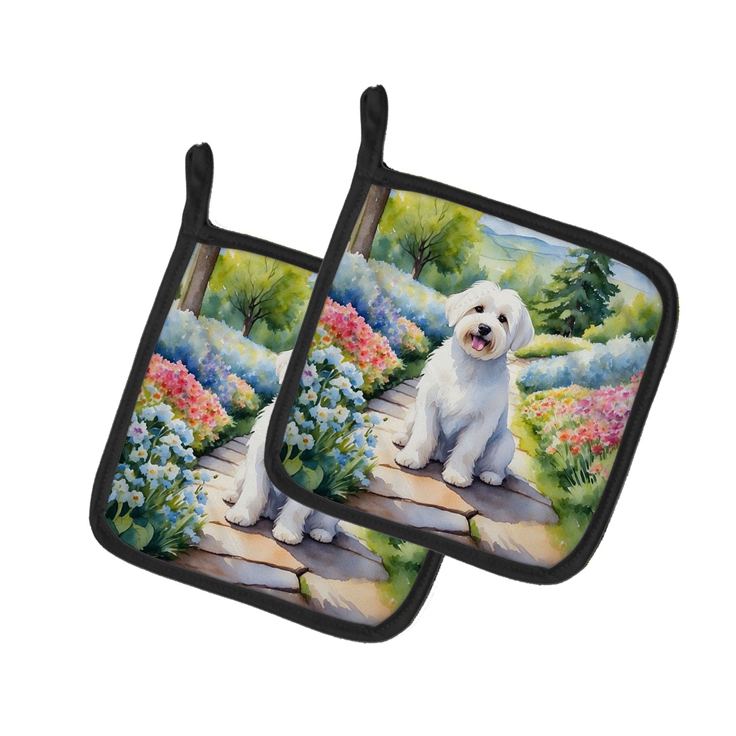 Coton de Tulear Spring Path Pair of Pot Holders Kitchen Heat Resistant Pot Holders Sets Oven Hot Pads for Cooking Baking BBQ, 7 1/2 x 7 1/2