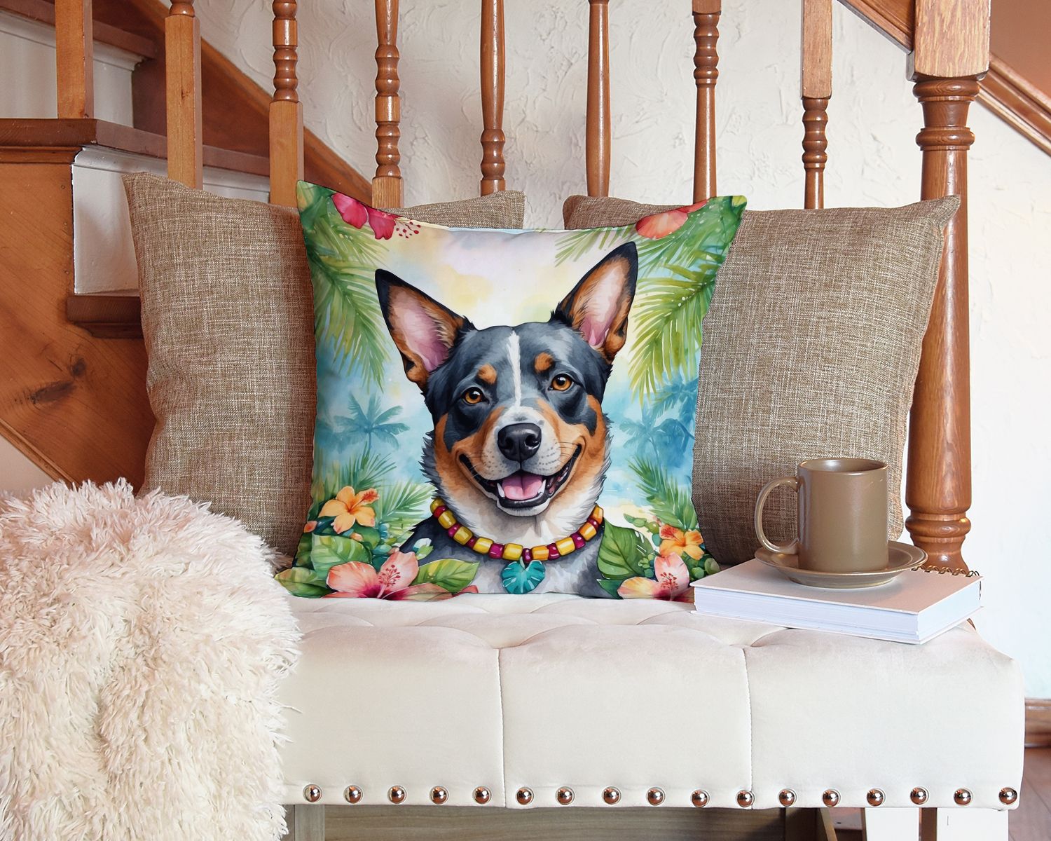 Australian Cattle Dog Luau Throw Pillow Machine Washable, Indoor Outdoor Decorative Pillow for Couch, Bed or Patio, 14Hx14W