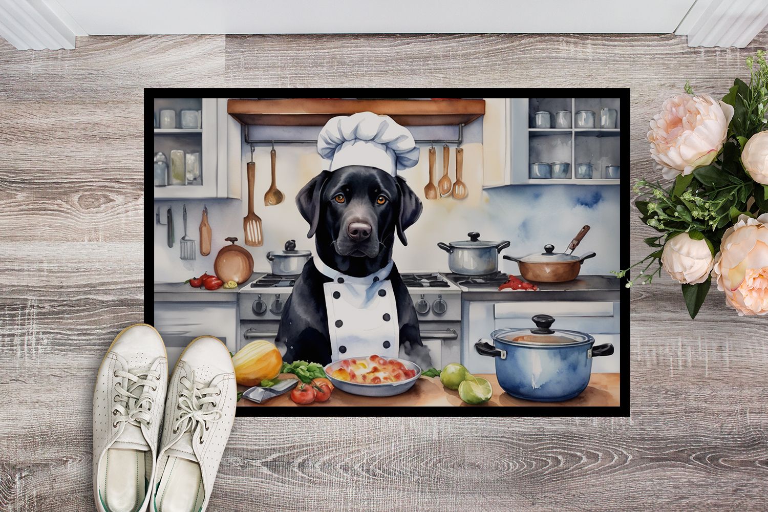 Black Labrador Retriever The Chef Doormat Front Door Mat Indoor Outdoor Rugs for Entryway, Non Slip Washable Low Pile, 24H X 36W