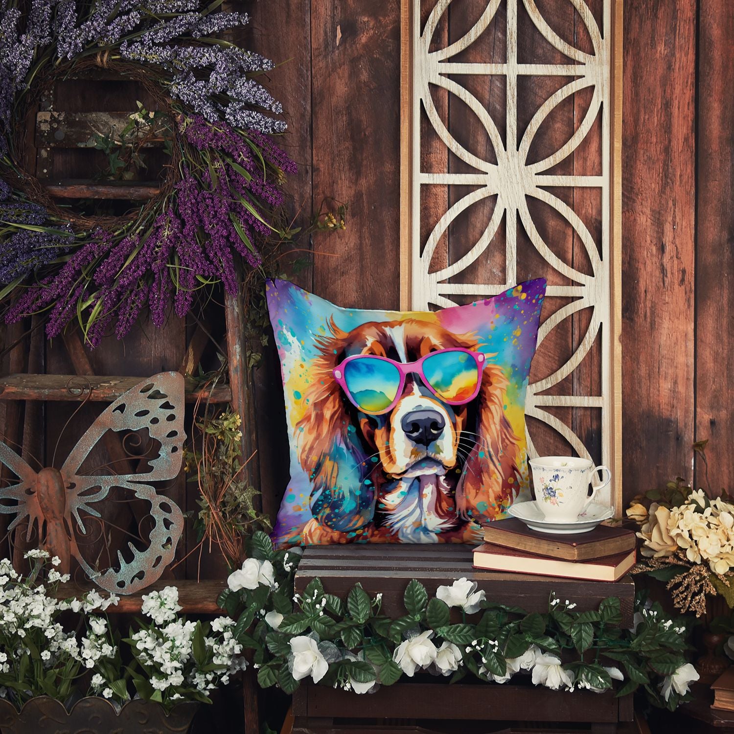 Cavalier Spaniel Hippie Dawg Throw Pillow Machine Washable, Indoor Outdoor Decorative Pillow for Couch, Bed or Patio, 14Hx14W