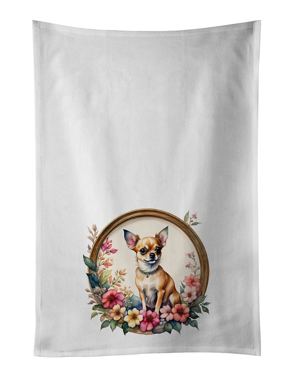 Chihuahua and Flowers Kitchen Towel Set of 2 White Dish Towels Decorative Bathroom Hand towel for Hand, Face, Hair, Yoga, Tea, Dishcloth, 19 X 28", White