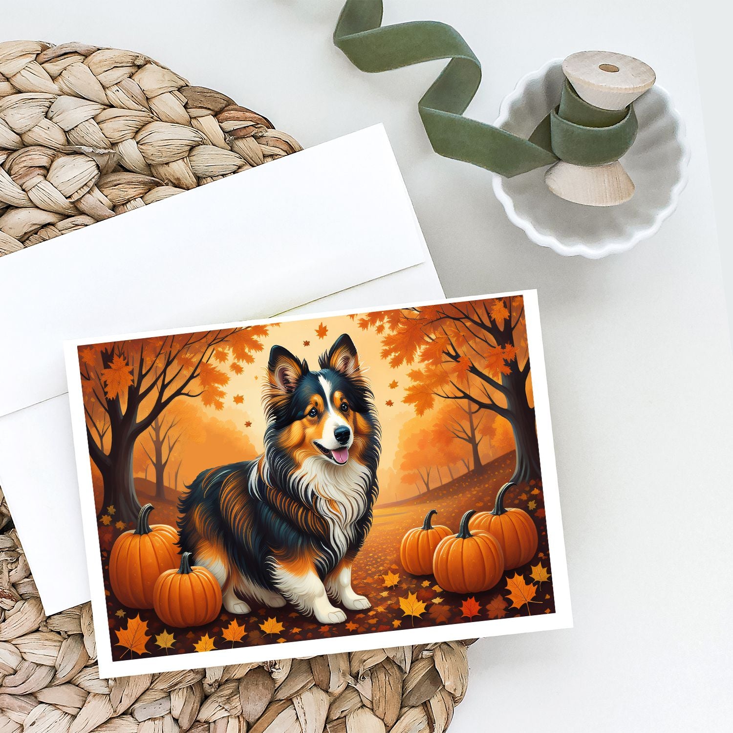 Sheltie Fall Greeting Cards Pack of 8 Blank Cards with Envelopes Whimsical A7 Size 5x7 Blank Note Cards