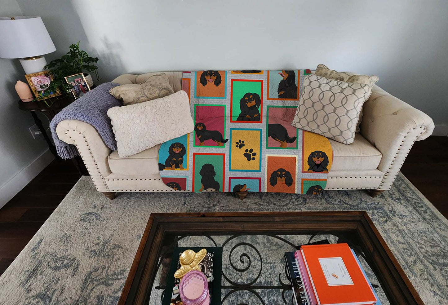 Lots of Black and Tan Cavalier King Charles Spaniel Quilted Blanket 50x60 Artwork Pattern Quilted Throw Blanket for Bed, Couch, Sofa, Soft and Lightweight