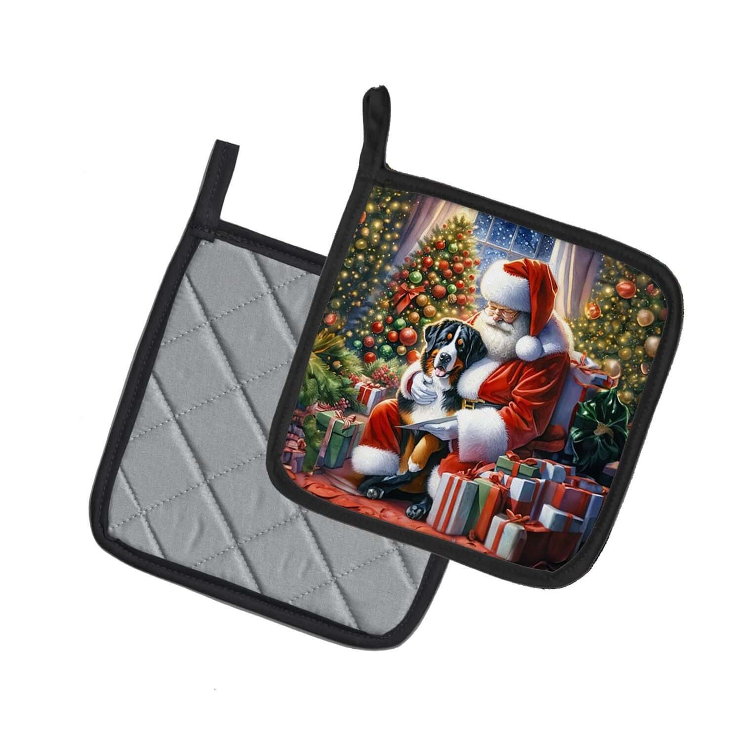 Greater Swiss Mountain Dog and Santa Claus Pair of Pot Holders Kitchen Heat Resistant Pot Holders Sets Oven Hot Pads for Cooking Baking BBQ, 7 1/2 x 7 1/2