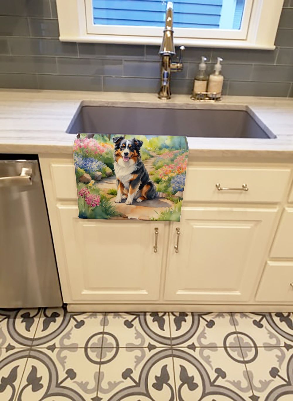 Australian Shepherd Spring Garden Kitchen Towel Dish Cloths Guest Hand Towel Decorative Bathroom Towel for Face,Tea, Dishcloth, Kitchen and Bath