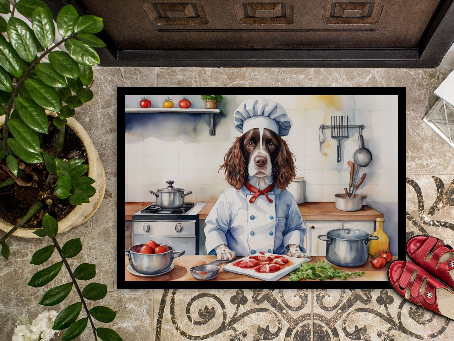 NEW English Springer Spaniel The Chef Doormat Front Door Mat Indoor Outdoor Rugs for Entryway, Non Slip Washable Low Pile, 18H X 27W