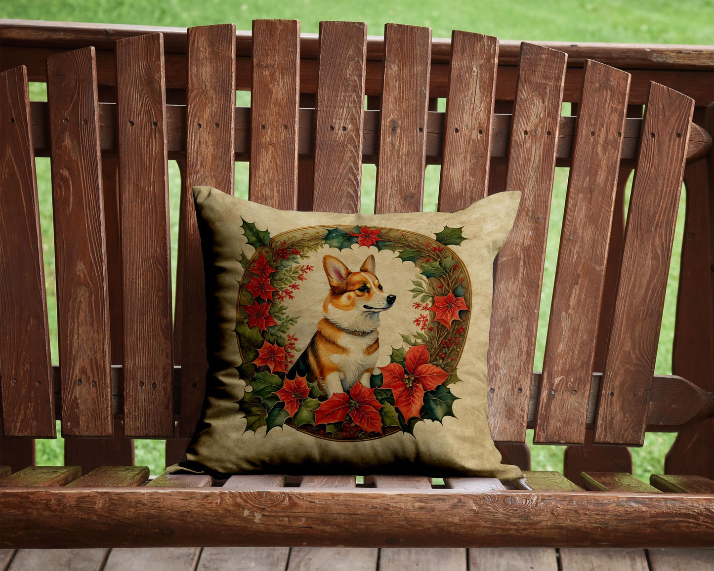 Corgi Christmas Flowers Throw Pillow Machine Washable, Indoor Outdoor Decorative Pillow for Couch, Bed or Patio, 14Hx14W