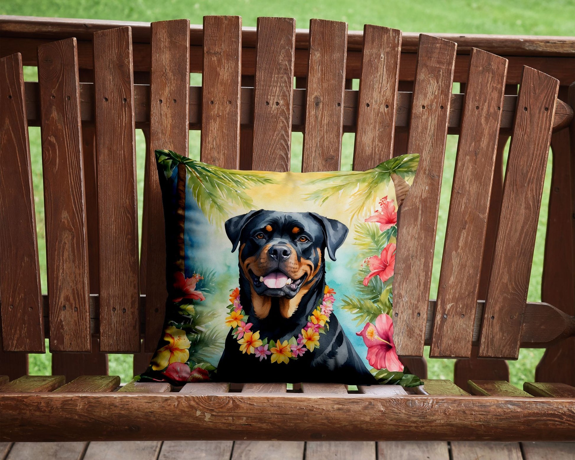 Rottweiler Luau Throw Pillow Machine Washable, Indoor Outdoor Decorative Pillow for Couch, Bed or Patio, 14Hx14W