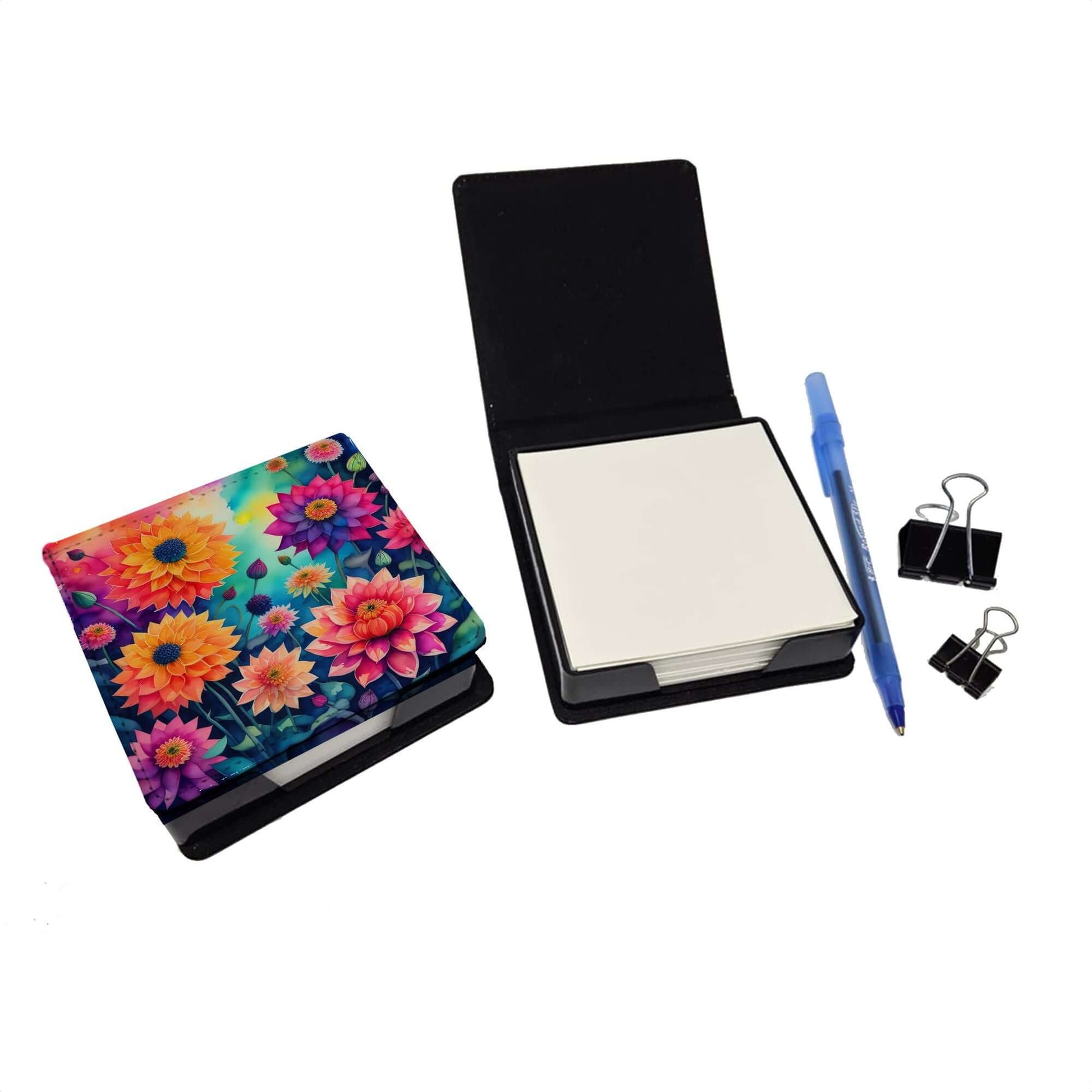 Colorful Dahlias PU Leather Note Paper Holder with Artist-Designed Cover, Desk Accessory, Office Gift