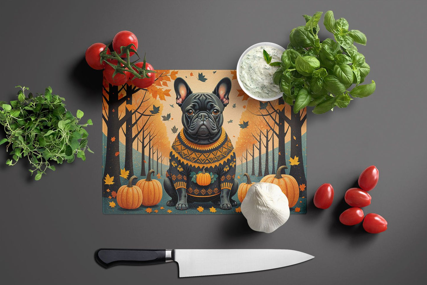 NEW Black French Bulldog Fall Glass Cutting Board Decorative Tempered Glass Kitchen Cutting and Serving Board Large Size Chopping Board
