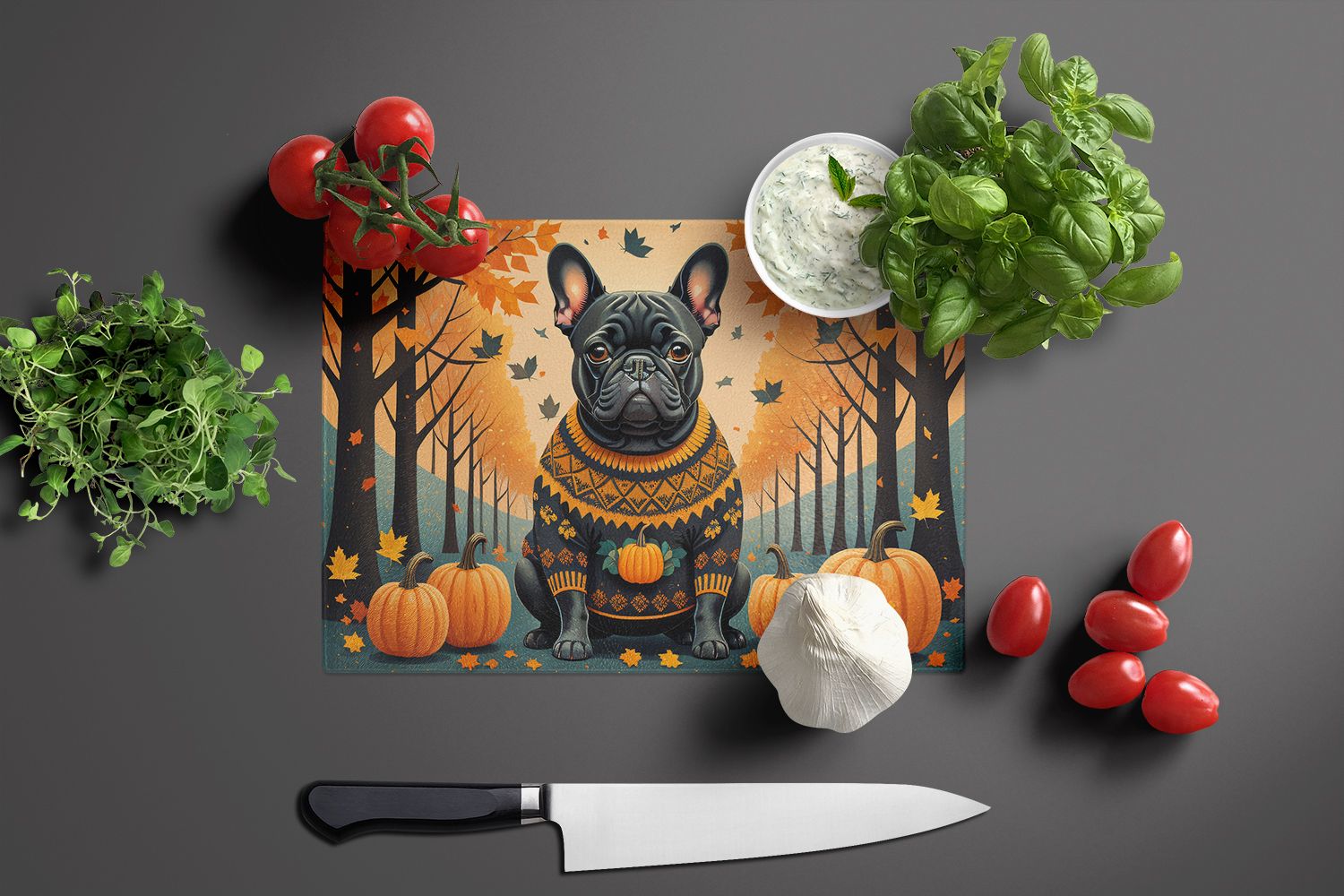 NEW Black French Bulldog Fall Glass Cutting Board Decorative Tempered Glass Kitchen Cutting and Serving Board Large Size Chopping Board