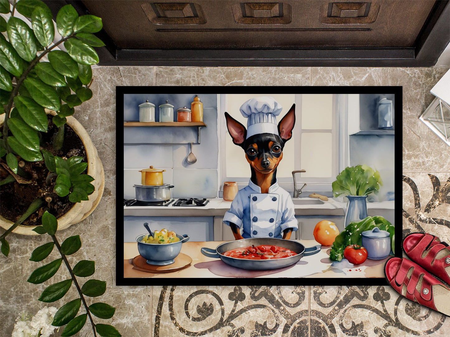 Miniature Pinscher The Chef Doormat Front Door Mat Indoor Outdoor Rugs for Entryway, Non Slip Washable Low Pile, 24H X 36W