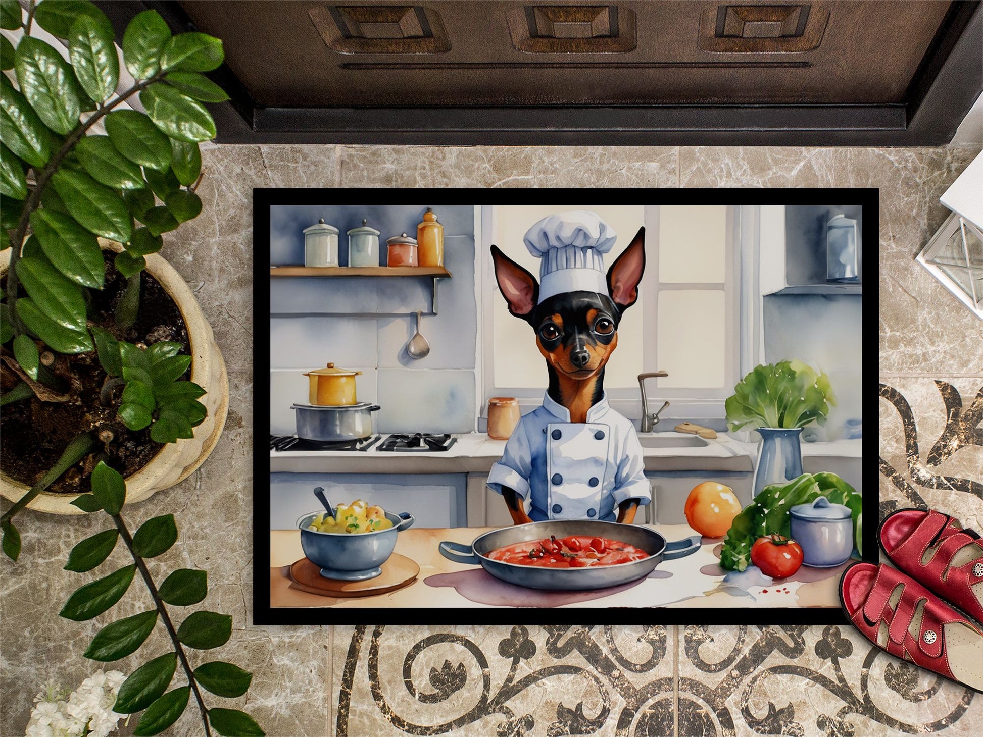 Miniature Pinscher The Chef Doormat Front Door Mat Indoor Outdoor Rugs for Entryway, Non Slip Washable Low Pile, 24H X 36W