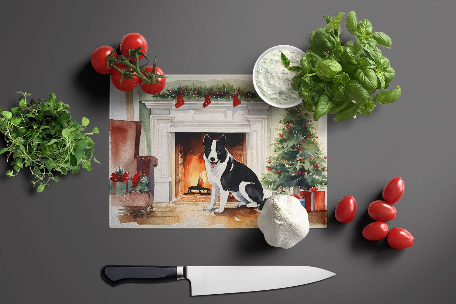 NEW Karelian Bear Dog Cozy Christmas Glass Cutting Board Decorative Tempered Glass Kitchen Cutting and Serving Board Large Size Chopping Board