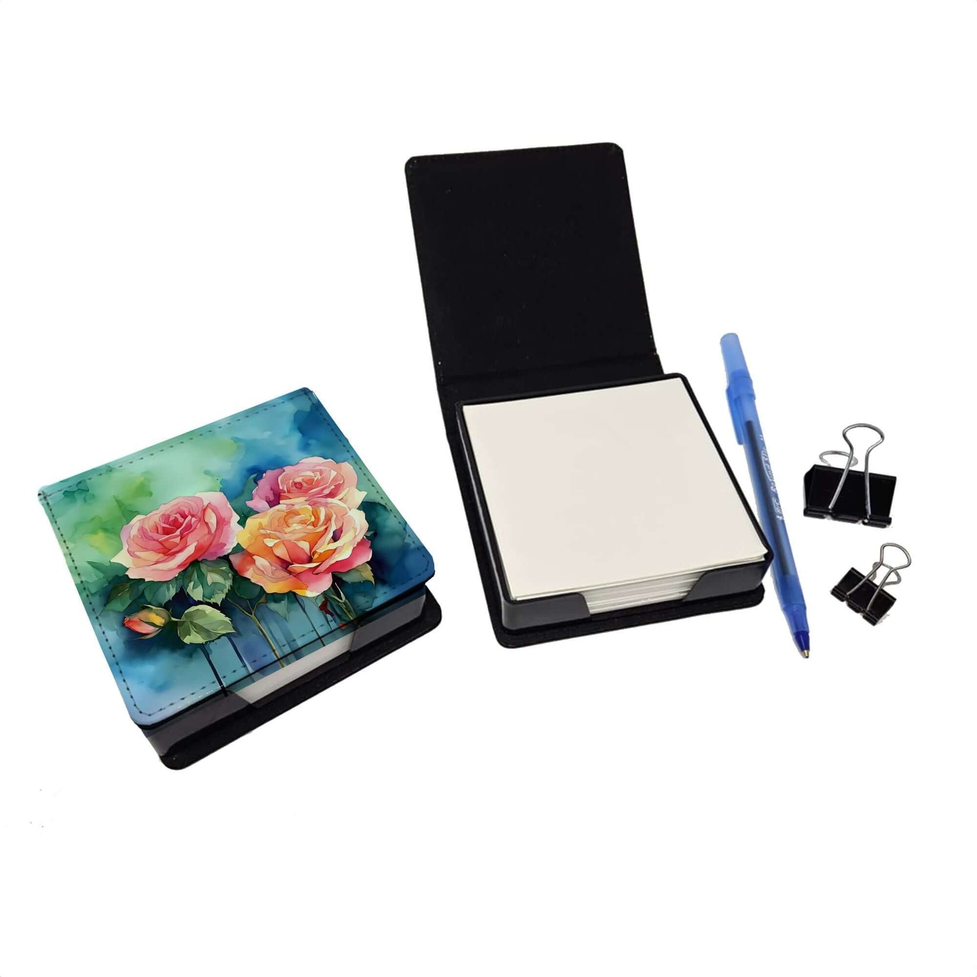 New York Roses in Watercolor PU Leather Note Paper Holder with Artist-Designed Cover, Desk Accessory, Office Gift
