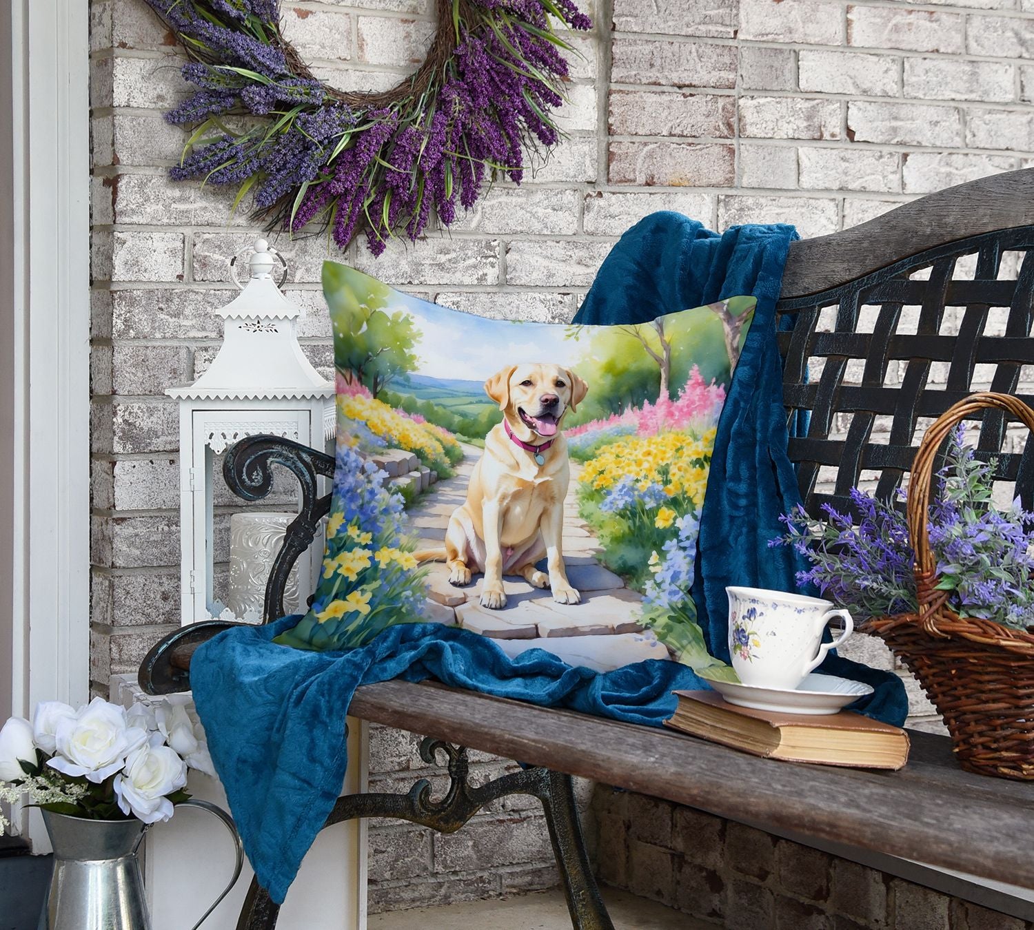Labrador Retriever Spring Path Throw Pillow Machine Washable, Indoor Outdoor Decorative Pillow for Couch, Bed or Patio, 18Hx18W