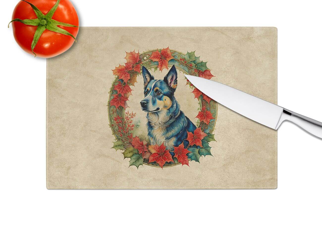 NEW Australian Cattle Dog Christmas Flowers Glass Cutting Board Decorative Tempered Glass Kitchen Cutting and Serving Board Large Size Chopping Board