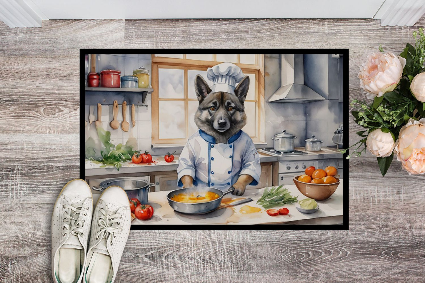 Norwegian Elkhound The Chef Doormat Front Door Mat Indoor Outdoor Rugs for Entryway, Non Slip Washable Low Pile, 24H X 36W
