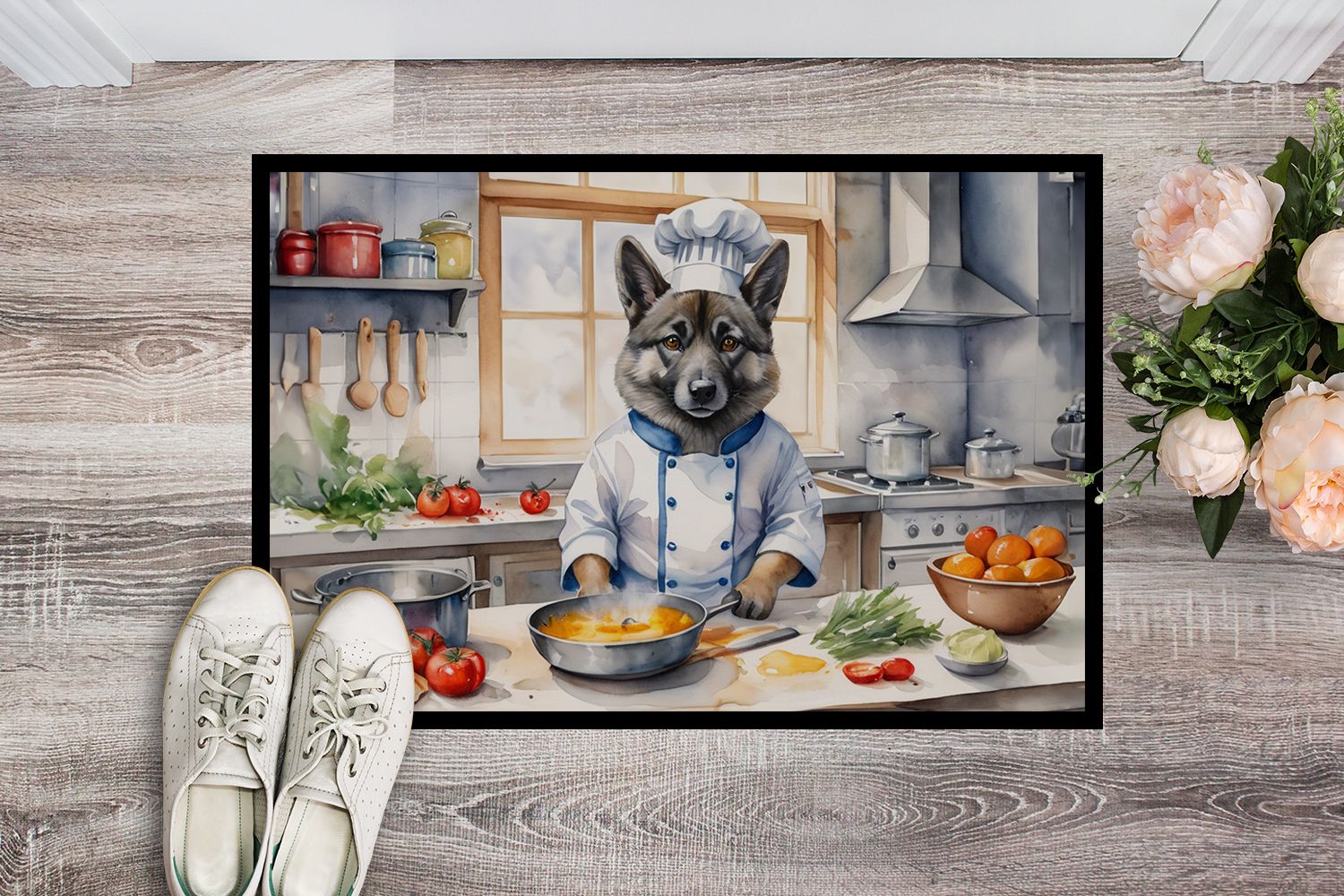 Norwegian Elkhound The Chef Doormat Front Door Mat Indoor Outdoor Rugs for Entryway, Non Slip Washable Low Pile, 24H X 36W