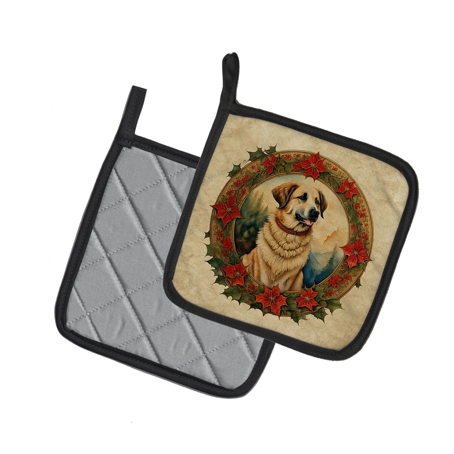 Anatolian Shepherd Dog Christmas Flowers Pair of Pot Holders Kitchen Heat Resistant Pot Holders Sets Oven Hot Pads for Cooking Baking BBQ, 7 1/2 x 7 1/2