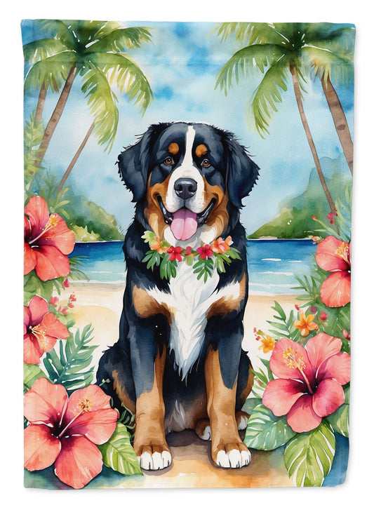 Bernese Mountain Dog Luau House Flag Large Porch Sleeve Pole Decorative Outside Yard Banner Artwork Wall Hanging, Polyester, House Size, Multicolor