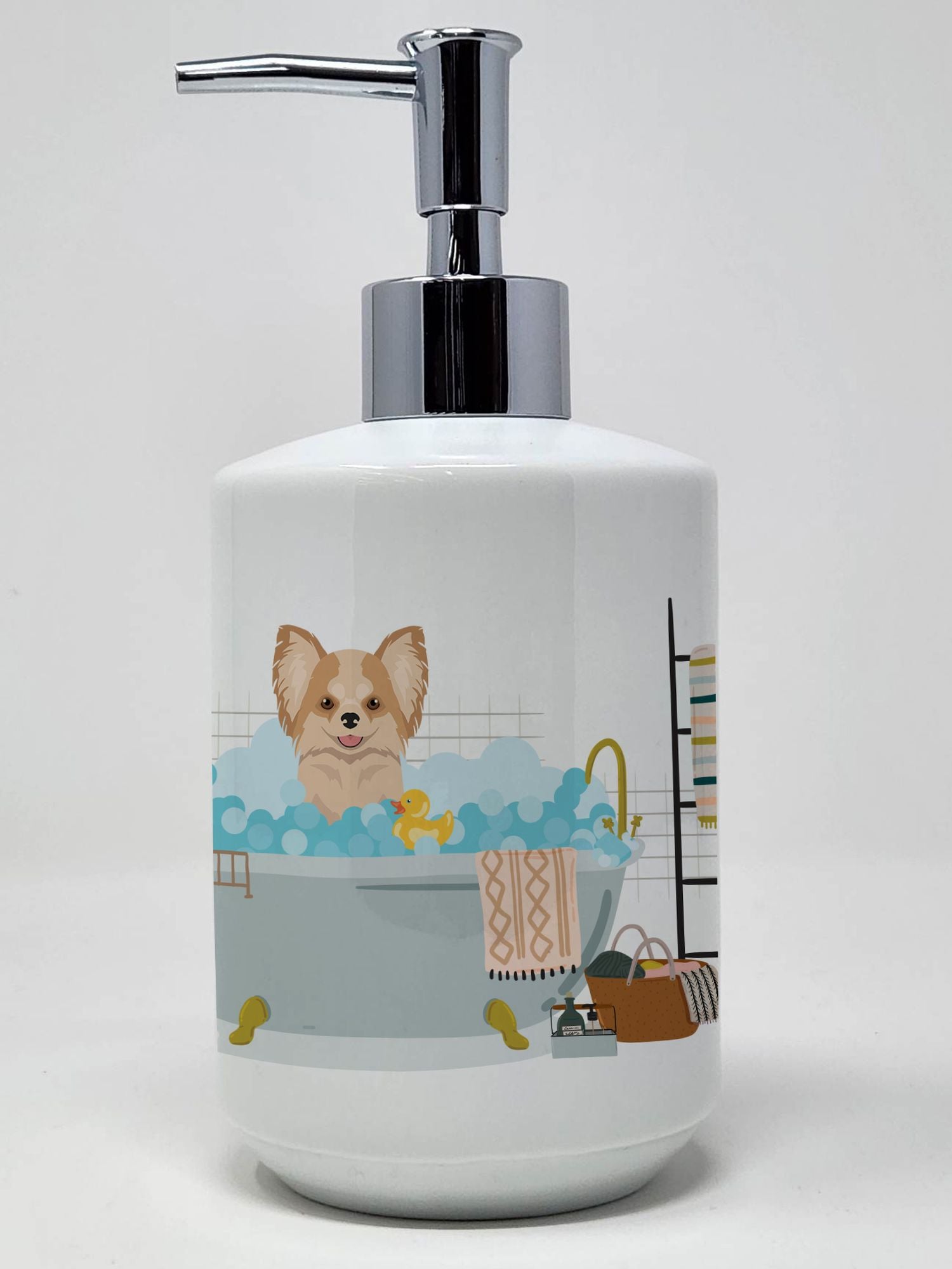 Longhaired Gold and White Chihuahua Ceramic Soap Dispenser Hand Soap Dispenser Pump Bottles for Bathroom Kitchen, Empty Refillable Liquid Soap Container