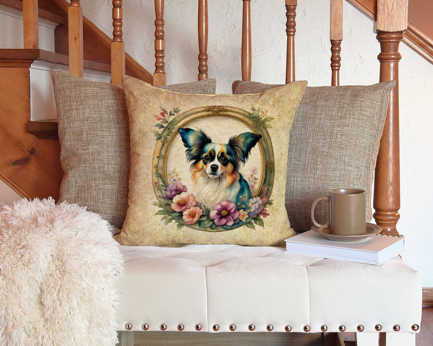 Papillon and Flowers Throw Pillow Machine Washable, Indoor Outdoor Decorative Pillow for Couch, Bed or Patio, 14Hx14W