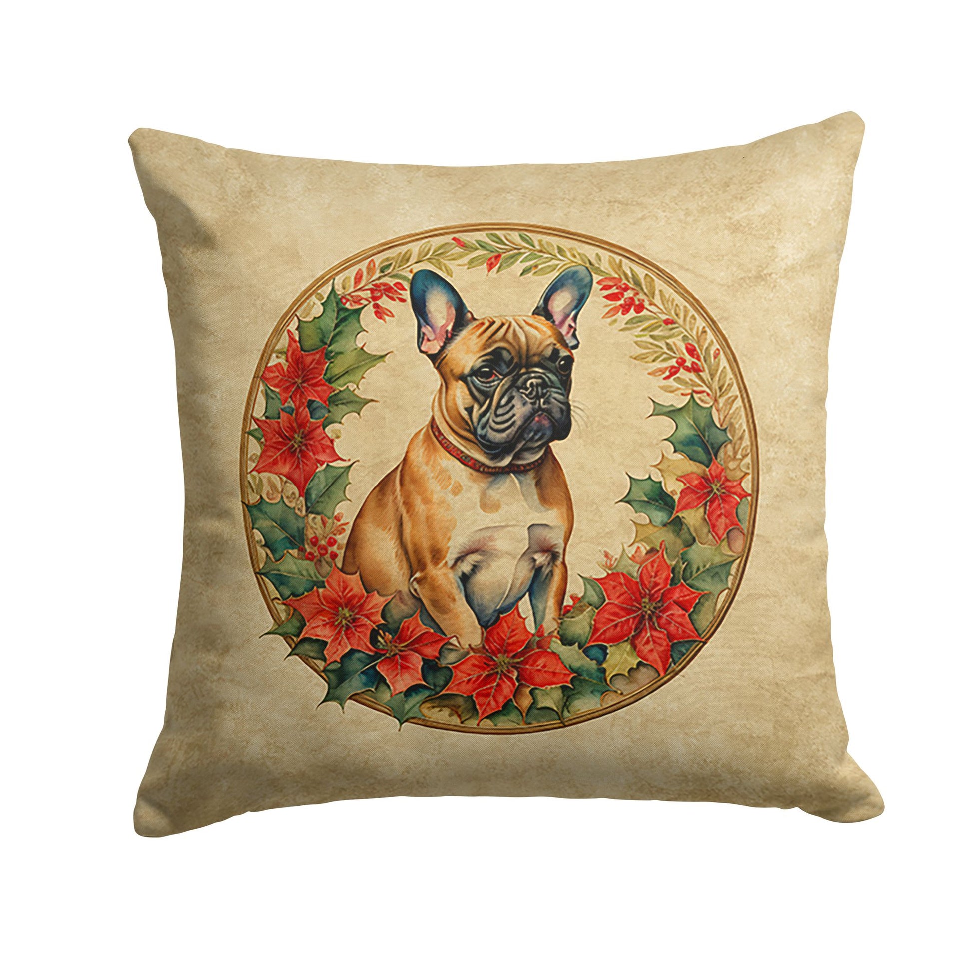 French Bulldog Christmas Flowers Throw Pillow Machine Washable, Indoor Outdoor Decorative Pillow for Couch, Bed or Patio, 14Hx14W