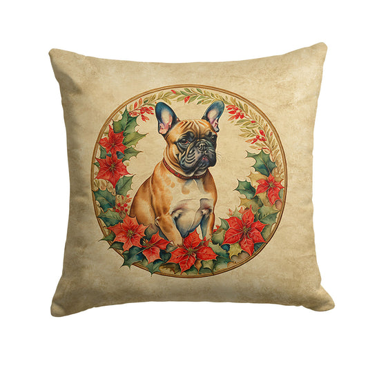 French Bulldog Christmas Flowers Throw Pillow Machine Washable, Indoor Outdoor Decorative Pillow for Couch, Bed or Patio, 14Hx14W