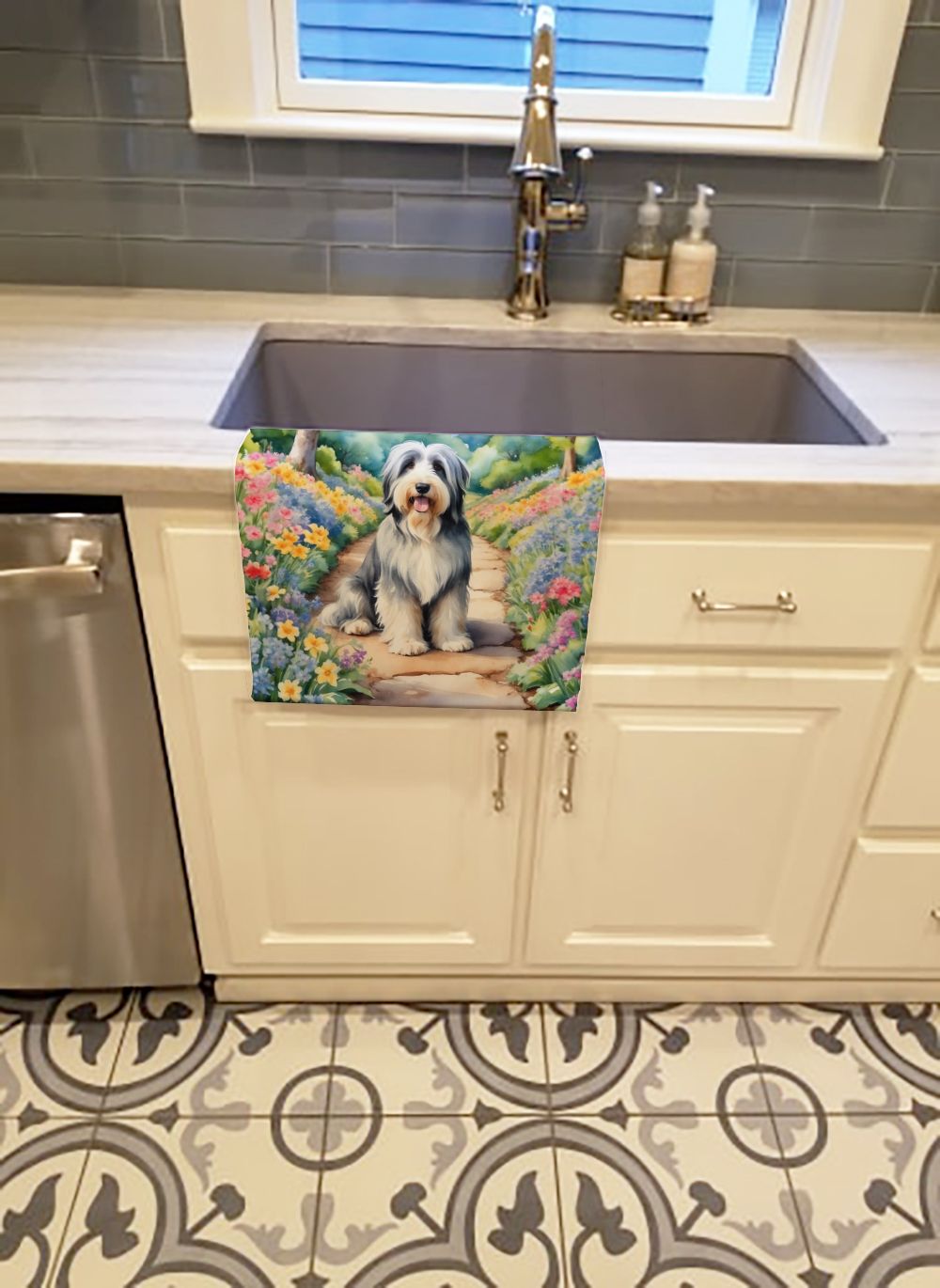 Bearded Collie Spring Garden Kitchen Towel Dish Cloths Guest Hand Towel Decorative Bathroom Towel for Face,Tea, Dishcloth, Kitchen and Bath