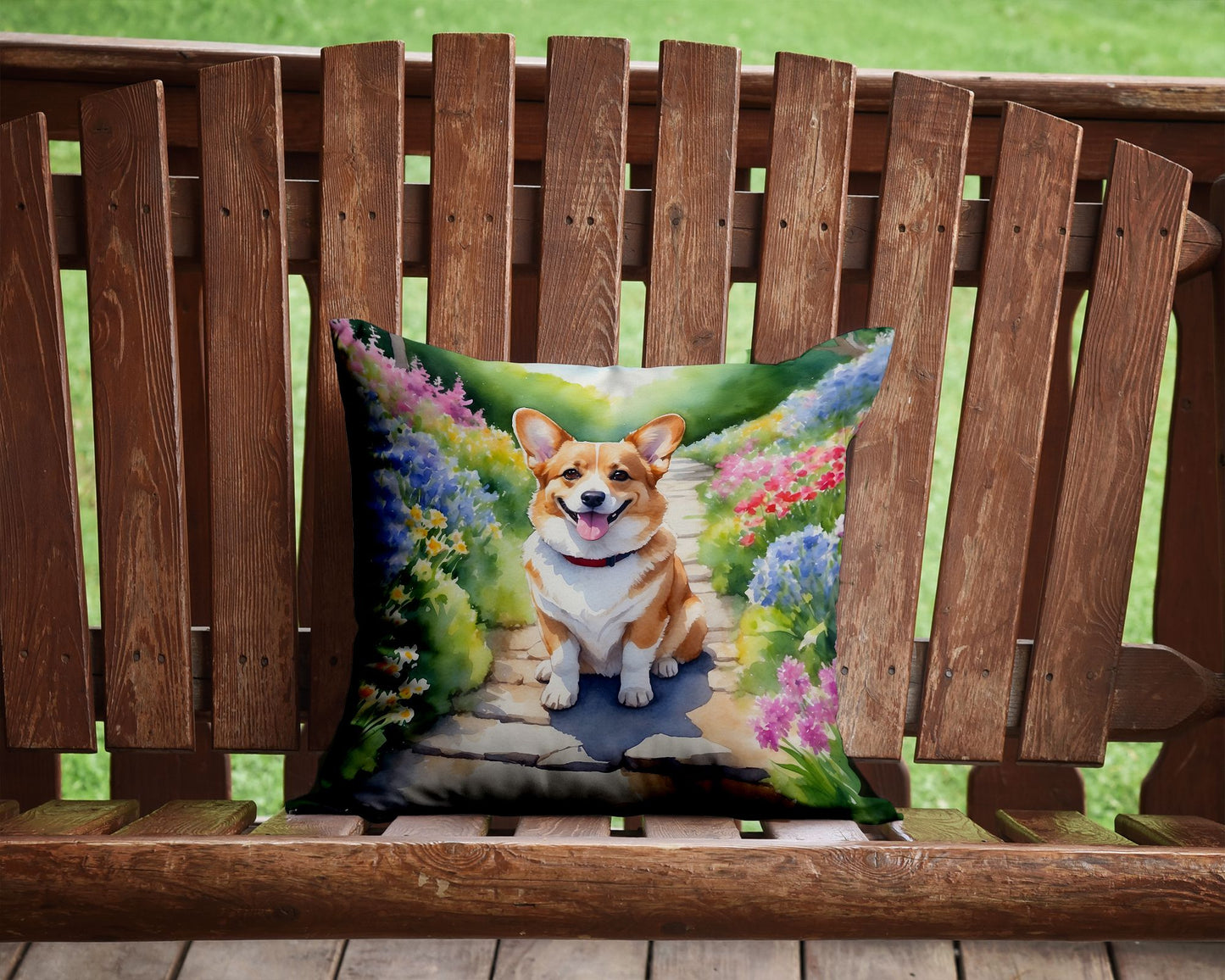 Corgi Spring Path Throw Pillow Machine Washable, Indoor Outdoor Decorative Pillow for Couch, Bed or Patio, 14Hx14W