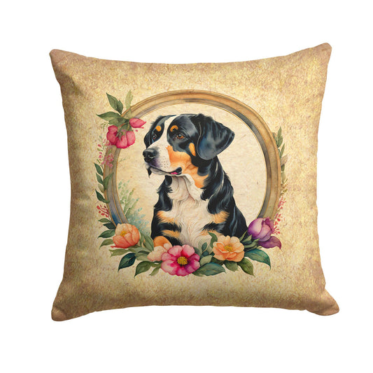 Entlebucher Mountain Dog and Flowers Throw Pillow Machine Washable, Indoor Outdoor Decorative Pillow for Couch, Bed or Patio, 14Hx14W