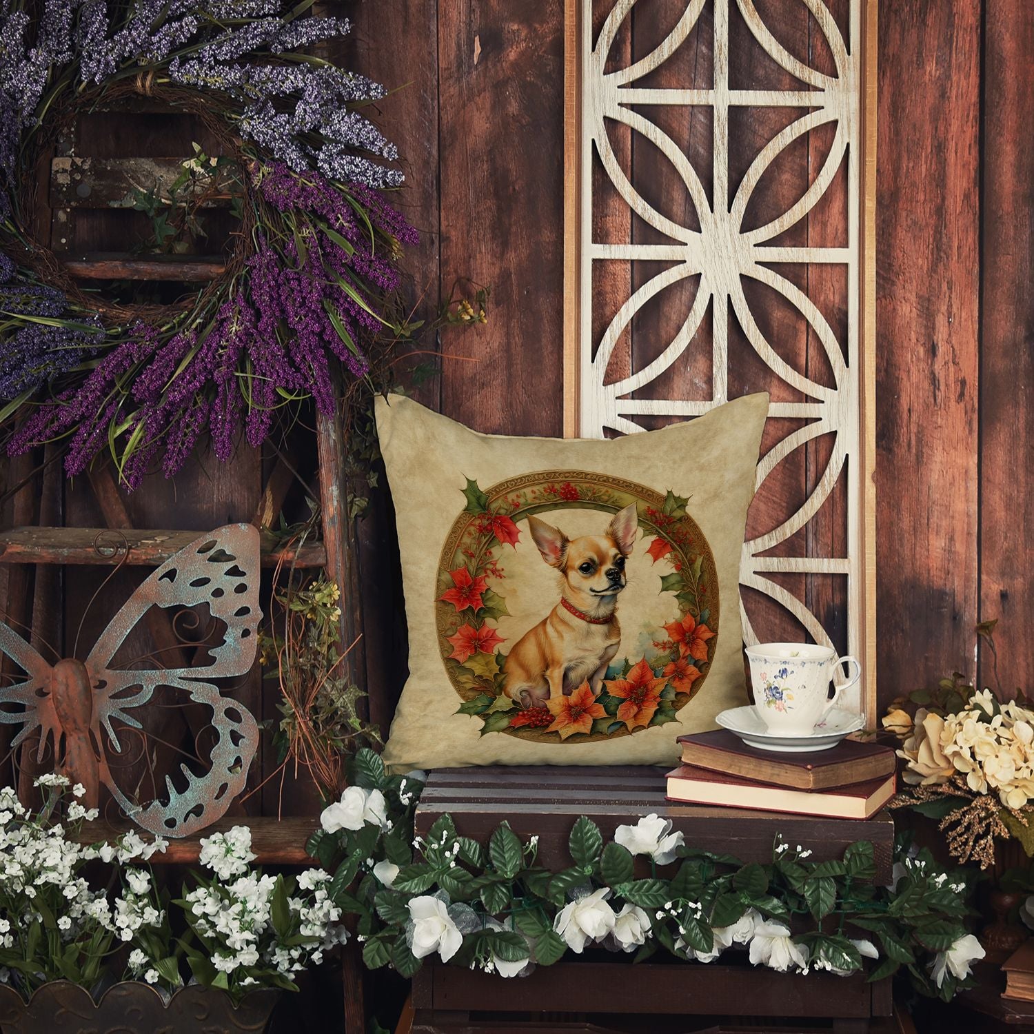 Chihuahua Christmas Flowers Throw Pillow Machine Washable, Indoor Outdoor Decorative Pillow for Couch, Bed or Patio, 14Hx14W