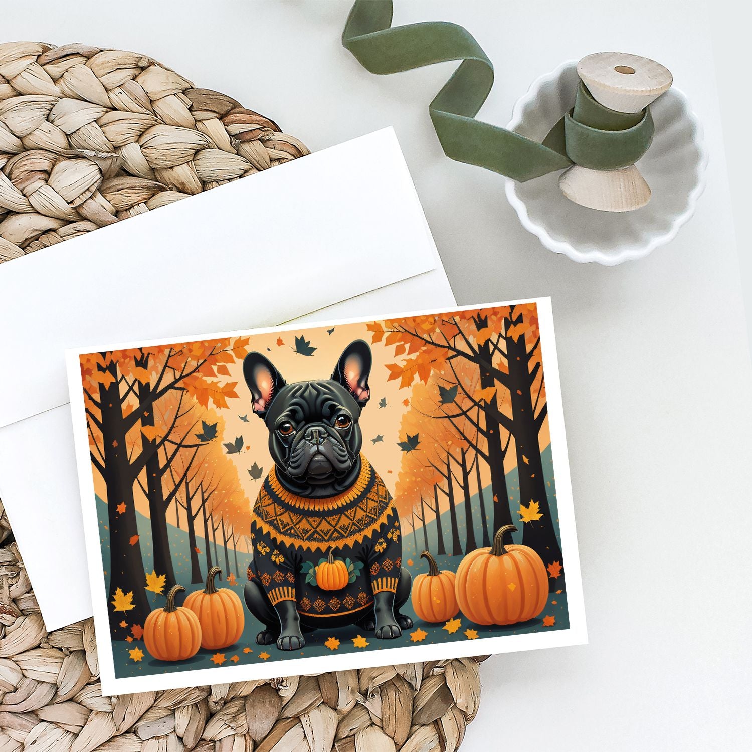 Black French Bulldog Fall Greeting Cards Pack of 8 Blank Cards with Envelopes Whimsical A7 Size 5x7 Blank Note Cards
