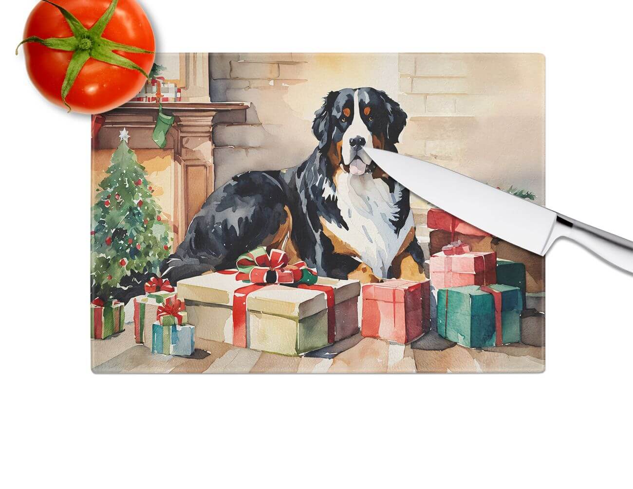Bernese Mountain Dog Cozy Christmas Glass Cutting Board Decorative Tempered Glass Kitchen Cutting and Serving Board Large Size Chopping Board