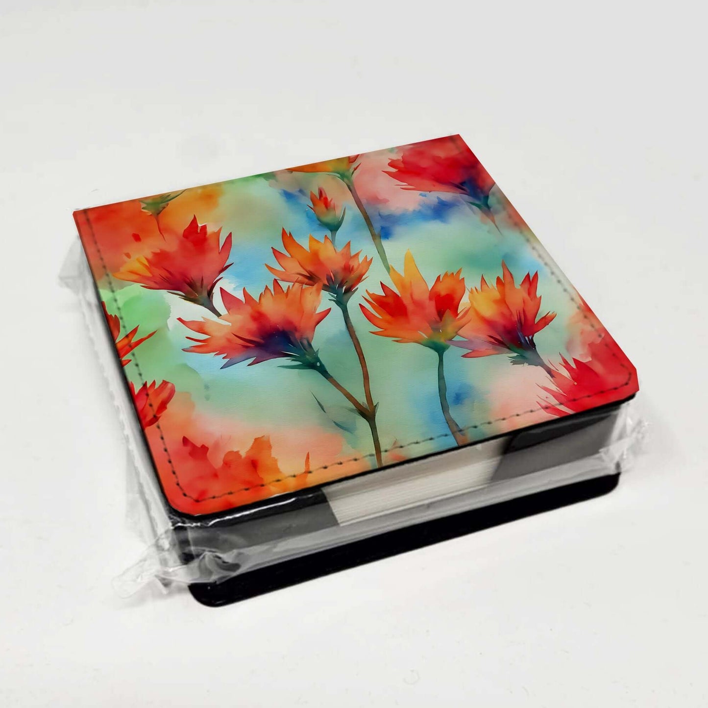 Wyoming Indian Paintbrush in Watercolor PU Leather Note Paper Holder with Artist-Designed Cover, Desk Accessory, Office Gift