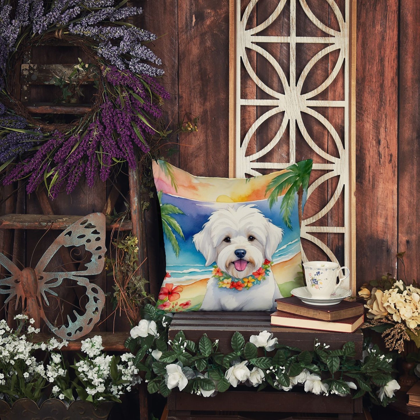 Coton de Tulear Luau Throw Pillow Machine Washable, Indoor Outdoor Decorative Pillow for Couch, Bed or Patio, 18Hx18W